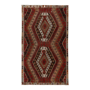 1950s Vintage Tribal Kilim in Red, Beige-Brown, White Geometric Patterns