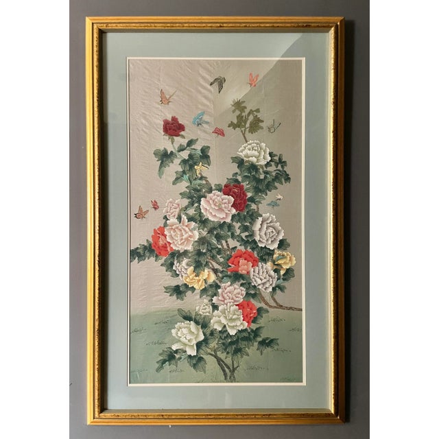Here is a stunning and sophisticated original piece featuring chrysanthemum flowers, leaves and lovely, fluttering...
