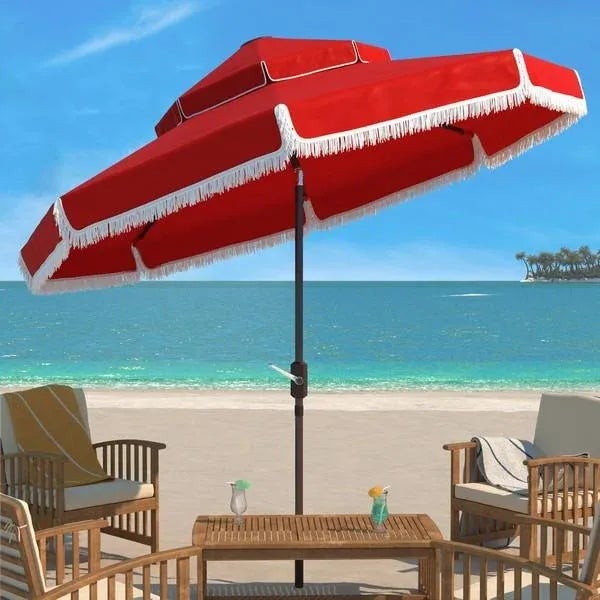 Safavieh Outdoor Milan Fringe 9ft Double Top Crank Umbrella - Red For Sale - Image 4 of 5