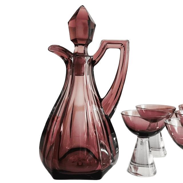 Mid-Century Modern Vintage Art Deco Glass Carafe and Glasses in Mulberry Purple, 1950s, Set of 6 For Sale - Image 3 of 14