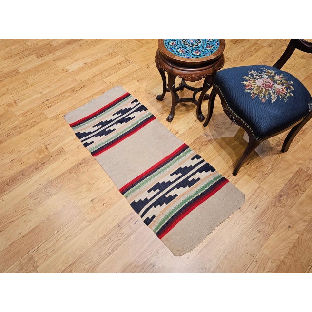 Vintage Native American Navajo Area Rug, Handwoven Wool, Stripe Pattern,Ivory & Red, 2x4 For Sale - Image 16 of 16