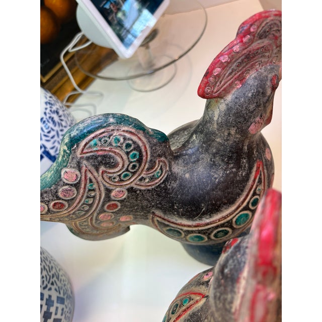 Vintage Thai Terracotta Rooster Bird Sculptures Hand Painted Folk Art – A Pair For Sale - Image 9 of 18