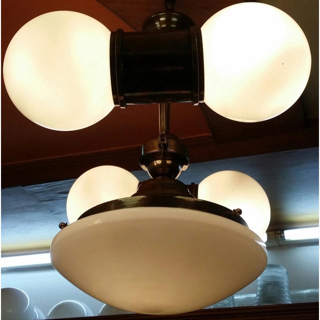 1940s 1940s Vintage Art Deco Brass Chandelier in Milk Glass Shade Lamp For Sale - Image 5 of 7