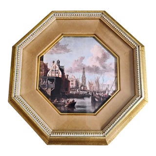 Vintage Abraham Storck "Port of Amsterdam" Print in Ornate Octagonal Frame For Sale