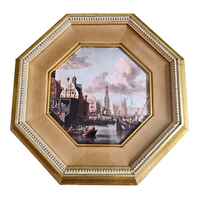 Vintage Abraham Storck "Port of Amsterdam" Print in Ornate Octagonal Frame For Sale