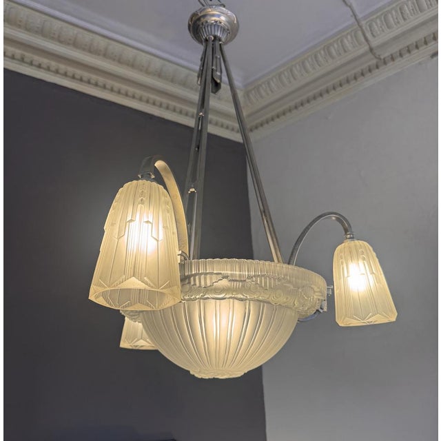 Art Deco Chandelier in Nickel-Plated Bronze by Georges Leleu Jehel, 1930 For Sale - Image 13 of 18