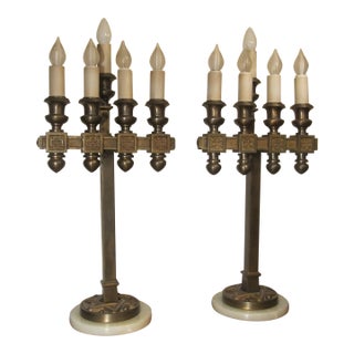 1940s Pair of 2 Gigantic Solid Bronze Marble Catholic Church Electric Table Lamp Brass For Sale