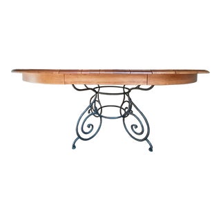 Ethan Allen French Country 56" Round Dining Table With Forged Iron Base and Extension For Sale