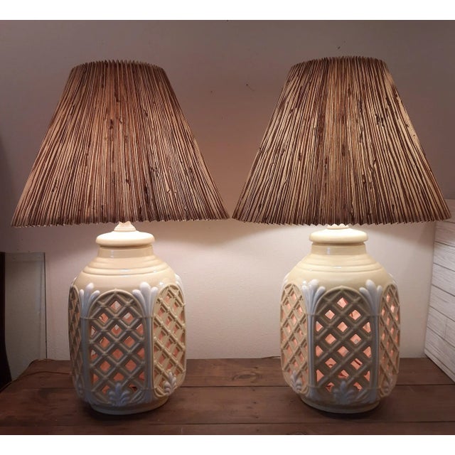 Yellow Lattice Cutout Glow Lamps Grass Cloth Shade For Sale - Image 8 of 12