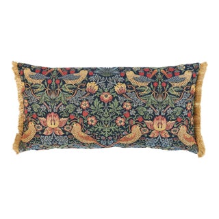 Strawberry Thief Blue Tapestry Cushion With Gold Fringe With Feather Filler - 33x60cm (13"x24") For Sale