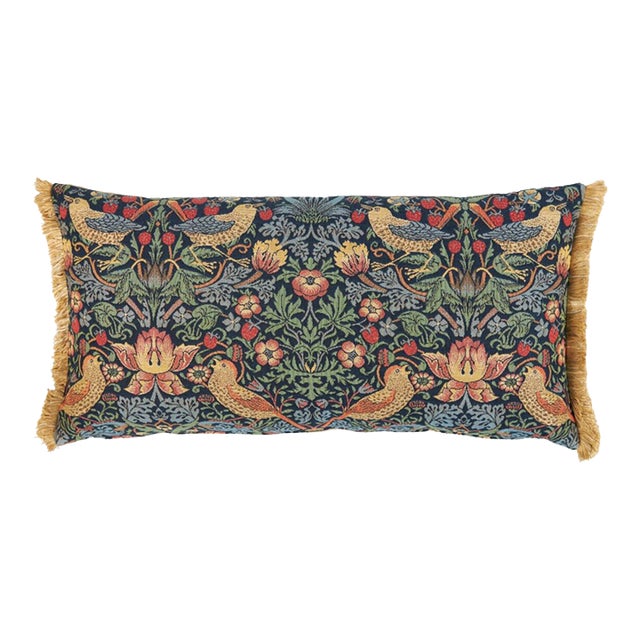 Strawberry Thief Blue Tapestry Cushion With Gold Fringe With Feather Filler - 33x60cm (13"x24") For Sale