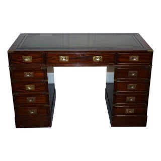 Fine Military Campaign Twin Pedestal Desk with Green Leather Top For Sale