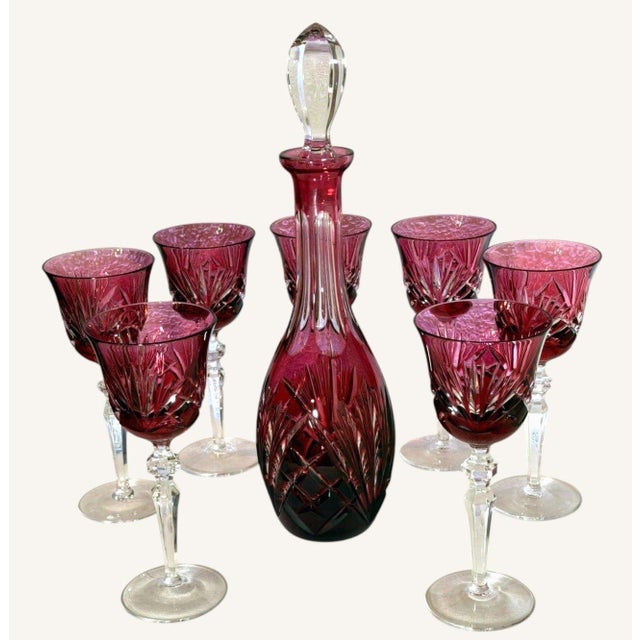 Hollywood Regency Late 20th Century Nachtmann Nierstein Cranberry Red Cut Crystal Decanter 7 Wine Goblets - 8 pcs For Sale - Image 3 of 9