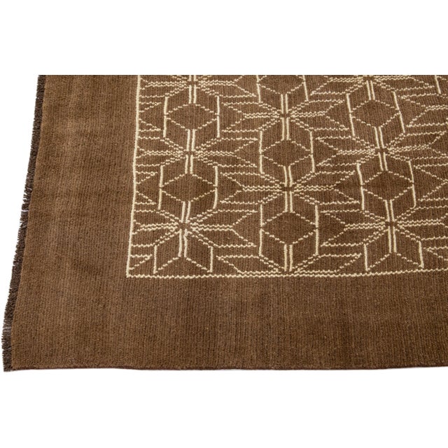 Modern Moroccan Style Handmade Brown Designed Wool Rug For Sale - Image 4 of 8
