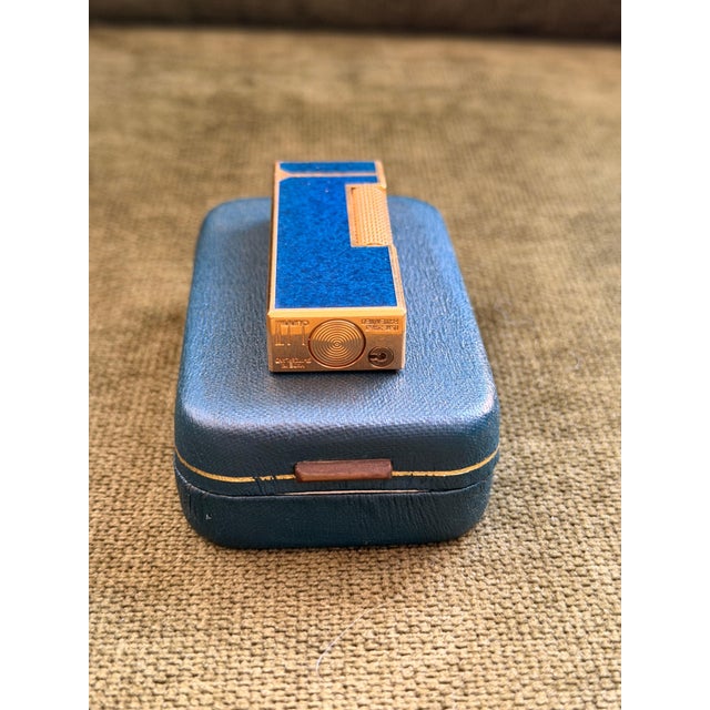 Art Deco Rare Vintage Dunhill Gold Plated Blue Marble Lacquer Lighter Original Sky Case For Sale - Image 3 of 8