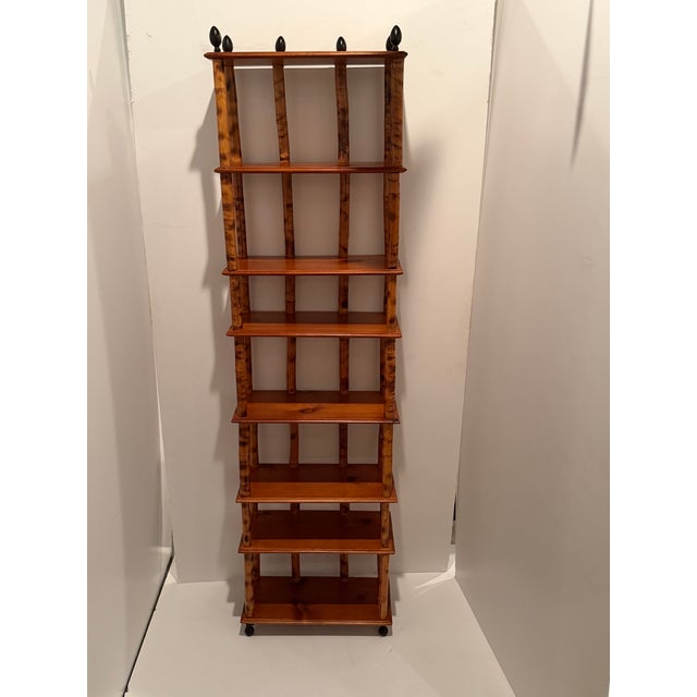Tall & Narrow Rattan Bamboo Etagere Bookshelf With Iron Finials For Sale - Image 9 of 12