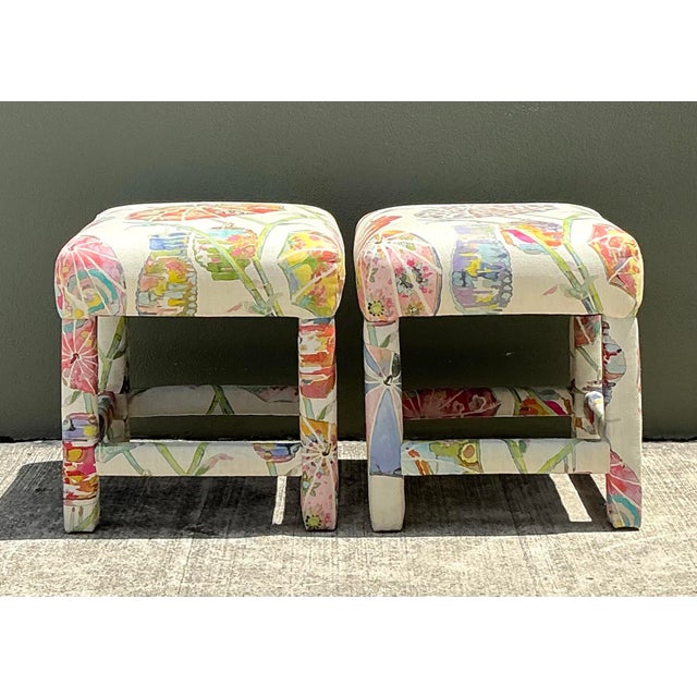Wood Vintage Printed Paper Napkin Low Stools - A Pair For Sale - Image 7 of 12