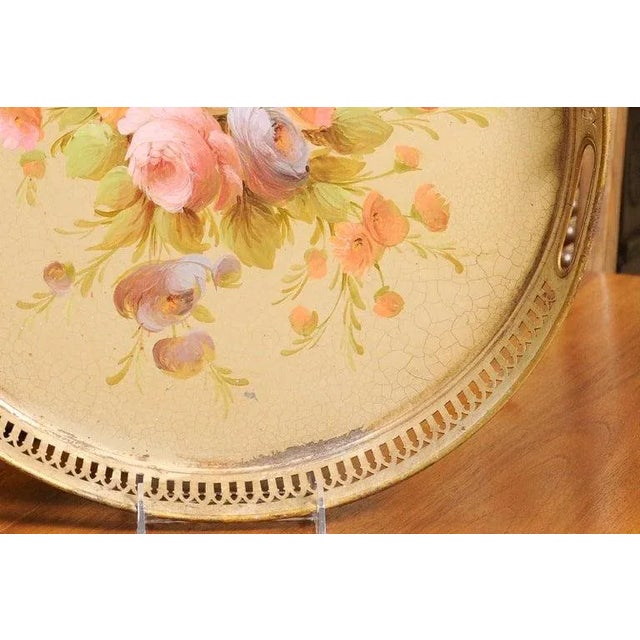 Metal Early 20th Century French Tôle Tray with Hand-Painted Bouquet of Roses and Pierced Gallery For Sale - Image 7 of 12