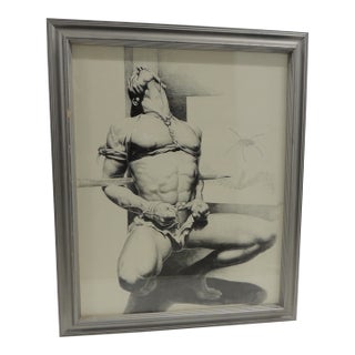 Vintage Pencil and Charcoal Drawing Lithograph Style Framed Poster of a Male For Sale
