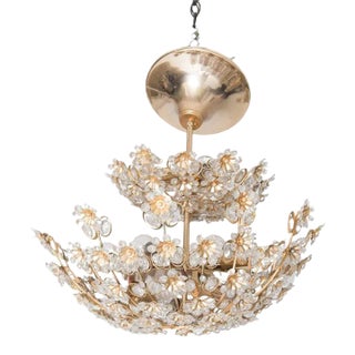 Mid 20th Century Gilt Brass Cut Glass Flower Tiered Chandeliers by Palwa, Germany For Sale