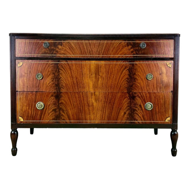 Antique 1930’s English Neoclassical Regency Style Flame Mahogany Inlaid Chest of Drawers From James McCreery & Co. For Sale