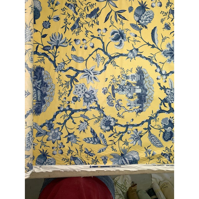 Asian Vintage Yellow & Blue Asian Print Fabric For Sale - Image 3 of 5