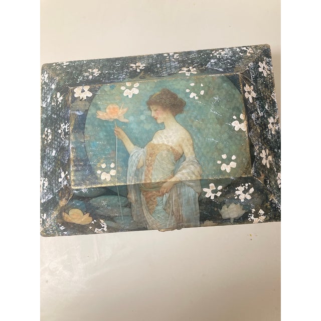 One of a kind, hand painted and embellished decorative box. Green background with white flowers. Pensive woman holding a...
