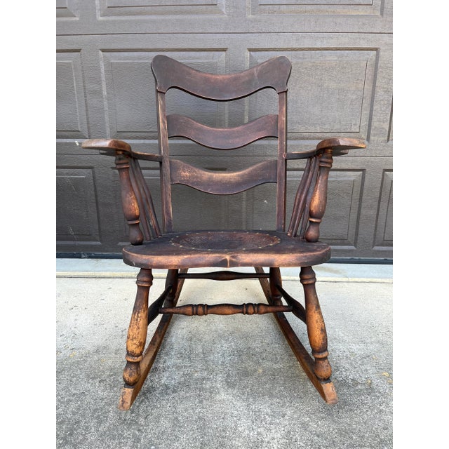 Brown Late 19th Century Antique Stamped Leather Seat Rocking Chair For Sale - Image 8 of 8