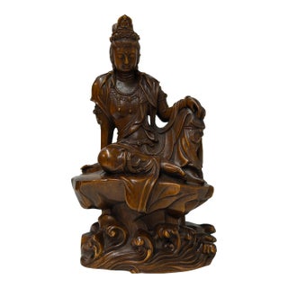 5.75" Hand-Carved Wood Cross Leg Bodhisattva Figurine Sculpture Tang Style Art For Sale