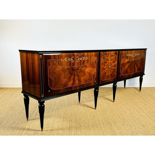 Metal Low French Modernist Sideboard in Marquetry by André Arbus, 1950s For Sale - Image 7 of 16