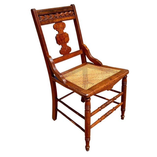 Antique Eastlake Victorian Walnut Dining Side Hall Accent Chair W Cane Seat For Sale - Image 11 of 16