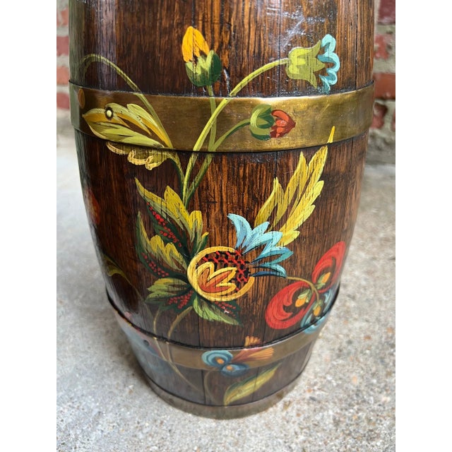 Pair Set Antique English Oak Barrel Jardinière Planter Rosemaling Hand Painted For Sale - Image 14 of 18