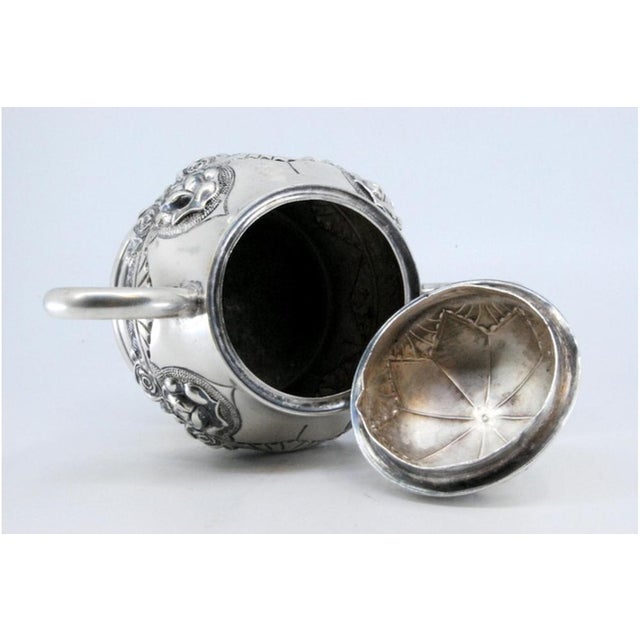 Metal Silver Sugar Bowl with Floral Reliefs, Double Handle and Resting on a Grooved Base For Sale - Image 7 of 11