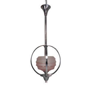 Art Deco Pendant Lamp with Glass Shade and Chrome Frame, 1930s For Sale