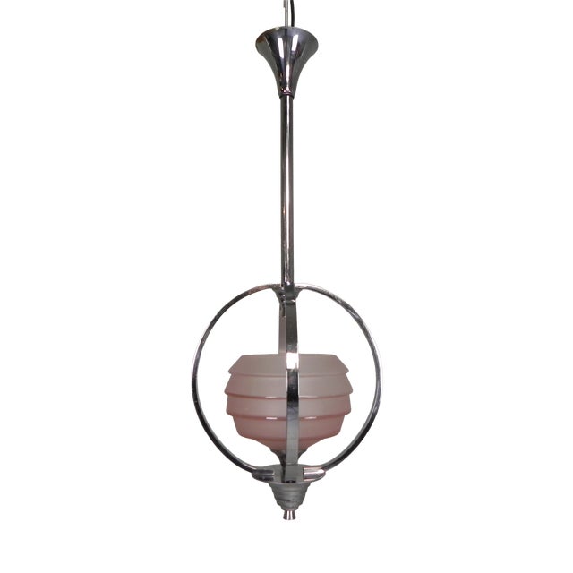 Art Deco Pendant Lamp with Glass Shade and Chrome Frame, 1930s For Sale
