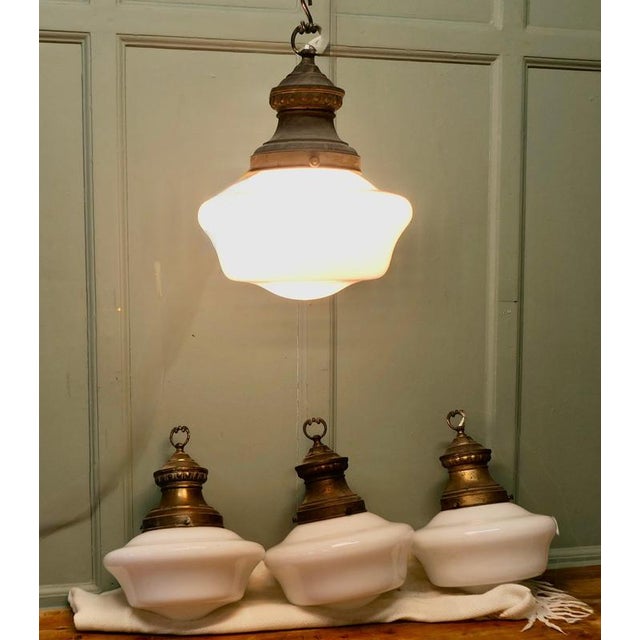 Set of 4 Industrial Ceiling Lights This is a set of 4 1930s Industrial Style Opalescent glass and brass Hanging Lights, we...