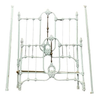 Antique Light Blue Cast Iron & Brass Full Bed, Late 19th Century For Sale