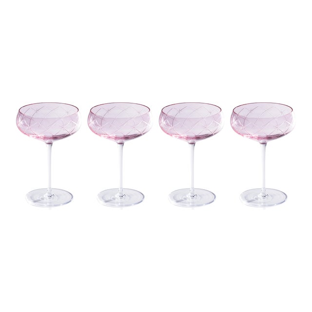 Pink Audrey 4-Piece Set Hand Etched Coupe Glasses, Blush Luster For Sale - Image 8 of 8