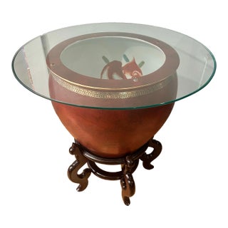 Vintage Chinoiserie Oxblood Fishbowl Planter or Side Table on Stand With Glass Top For Sale