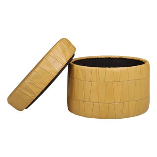 Round Storage Ottoman in Mustard Patchwork Leather attributed to de Sede, Switzerland, 1970s For Sale