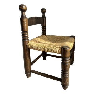 Vintage Low Wood Fireplace Chair with Straw Seat in the style of Charles Dudouyt, 1940s For Sale