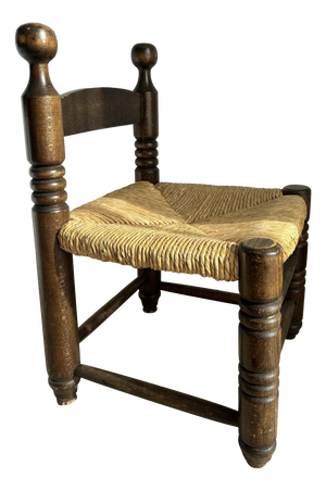 Vintage Low Wood Fireplace Chair with Straw Seat in the style of Charles Dudouyt, 1940s