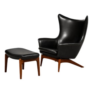 1960s h.w. Klein Bramin Leather Black Lounge Chair and Ottoman For Sale