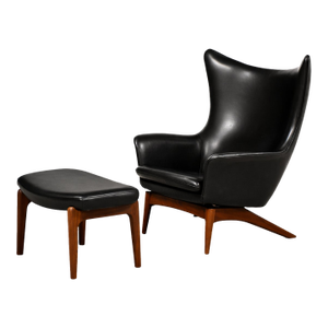 1960s h.w. Klein Bramin Leather Black Lounge Chair and Ottoman