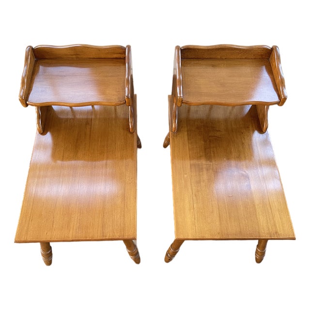 HTF Pair Vintage MCM Rock Maple Telephone Step Side Tables Mid Century Modern For Sale