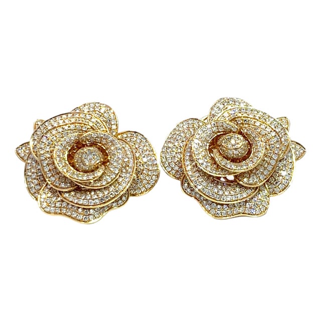 18k Yellow Gold Diamond Rose Flower Earrings – 3d Layered Floral Design, A Pair For Sale