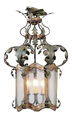 French 19th Century Three-Light Iron and Glass Lantern with Scrolling Leaves