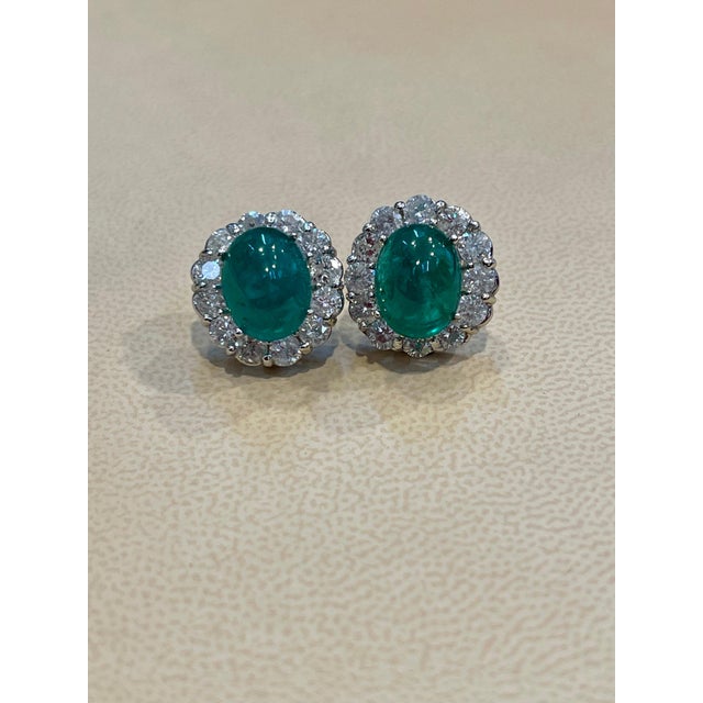 12 Ct Natural Emerald Zambia Cabochon & 4 Ct Diamond Stud Earring 14 KW Gold For Sale - Image 13 of 18