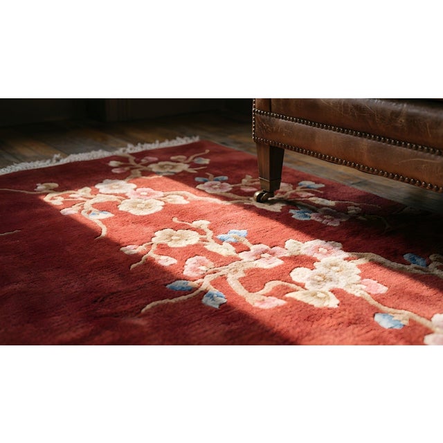 1930s Red Floral Modern Antique Chinese Art Deco Rug 8' X 10'2" Handknotted Wool Carpet For Sale - Image 16 of 17