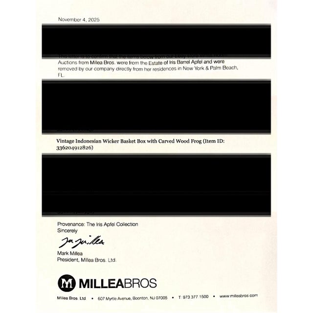 Vintage Iris Apfel Owned Indonesian Wicker Basket Box With Carved Wood Frog For Sale - Image 11 of 11